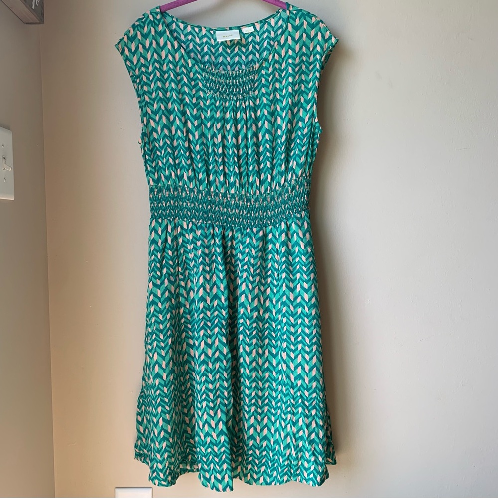 Anthropologie Maeve green and tan geometric midi dress